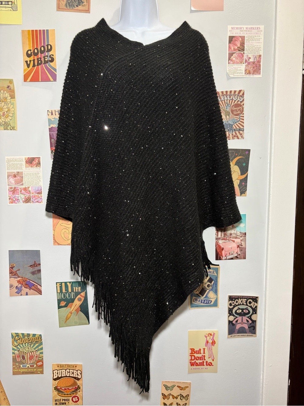 Black Rivet Black Knit Poncho with Fringe Edge